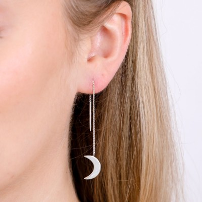 Half Moon threader Sterling Silver long earrings. silver threader earrings, threader earrings uk, moon and stars, celestial earrings