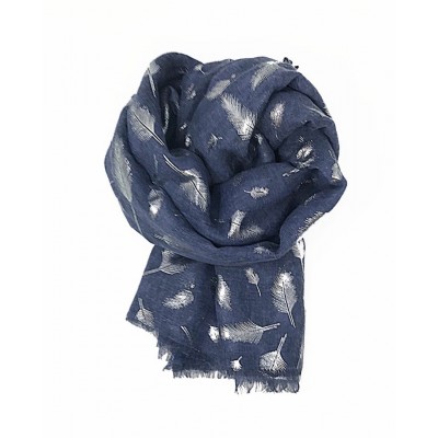 Scarf-Denim Blue Feather Silver Foil