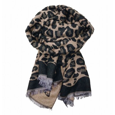 Leopard Print Reversible Blanket Scarf Black/Beige