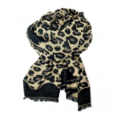 Leopard Print Reversible Blanket Scarf Black/Cream