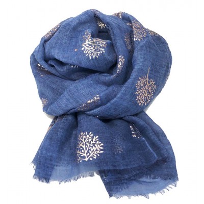Scarf-Denim Blue Mulberry Tree Rose Gold Foil
