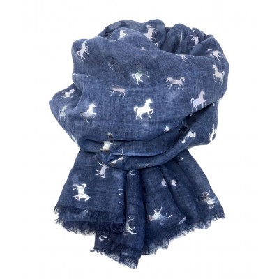 Scarf-Denim Blue Horses Silver Foil