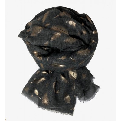 Scarf-Charcoal Grey Feather Rose Gold Foil