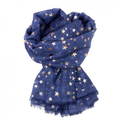 Scarf-Denim Blue Stars Rose Gold Foil