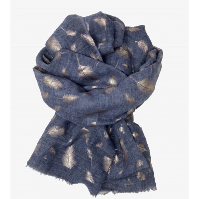 Scarf-Denim Blue Feather Rose Gold Foil