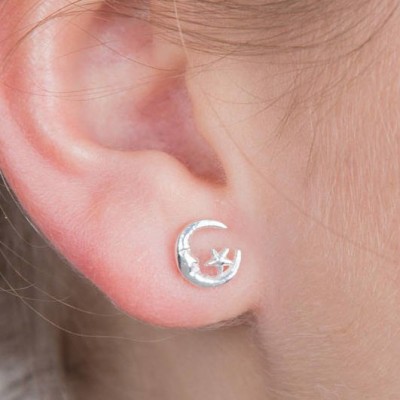 Moon And Star Small Stud Sterling Silver Earring