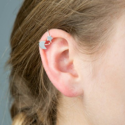 Silver Moon And Stars Ear Cuffs