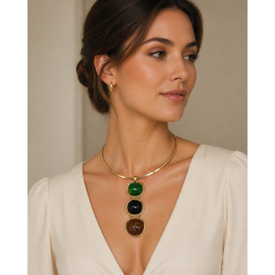 Gold Triple Gem Pendant Collar Necklace
