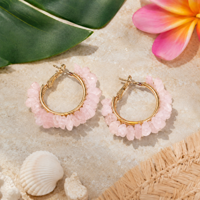 Rose Quartz Gemstone Chip Gold Hoop Earrings