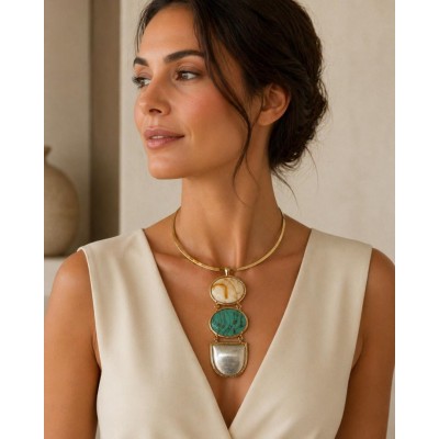 Layered Stone Pendant Collar Necklace