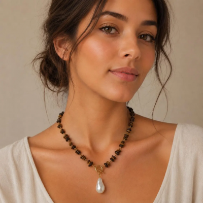 Tigers Eye Gemstone Necklace with Baroque Pearl Drop & Optional Earrings