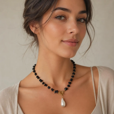  Black Onyx Gemstone Necklace with Baroque Pearl & Optional Earrings