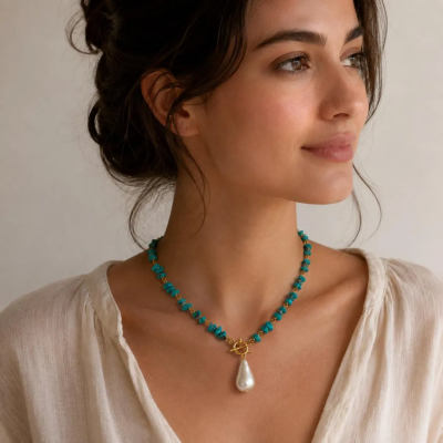 Turquoise Gemstone Necklace with Baroque Pearl