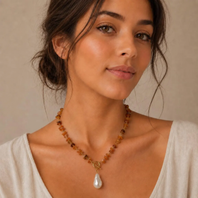 Carnelian Gemstone Necklace with Baroque Pearl & Optional Earrings