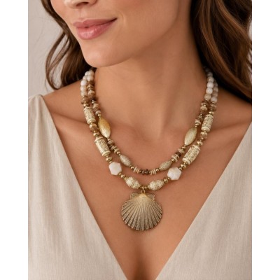 Layered Shell Pendant Beaded Necklace