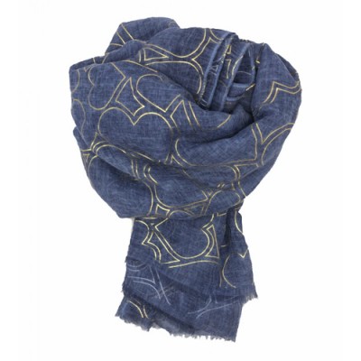 Scarf-Denim Blue Yellow Gold Hearts