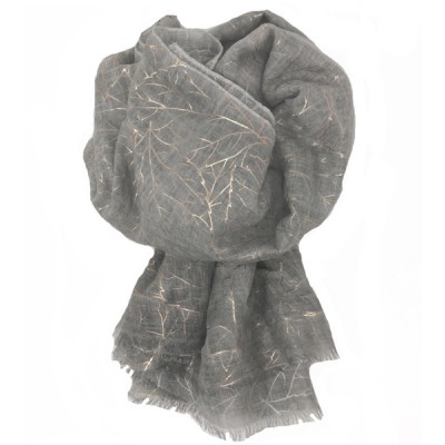 Scarf-Silver Grey Rose Gold Leaves 