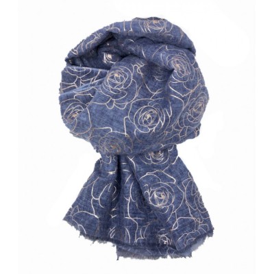 Scarf-Denim Blue Rose Gold Roses