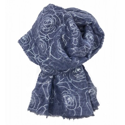 Scarf-Denim Blue Silver Roses