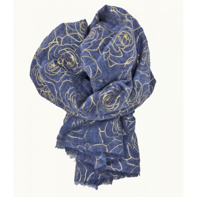 Scarf-Denim Blue Yellow Gold Roses